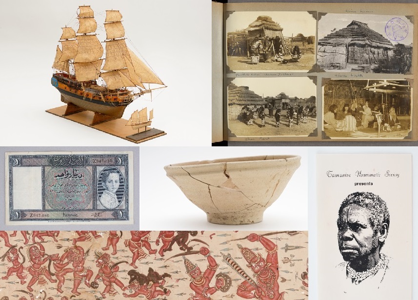 Collection pieces; ship model, photo album, banknote, ceramic bowl, leaflet for commemorative medallions, textile length
